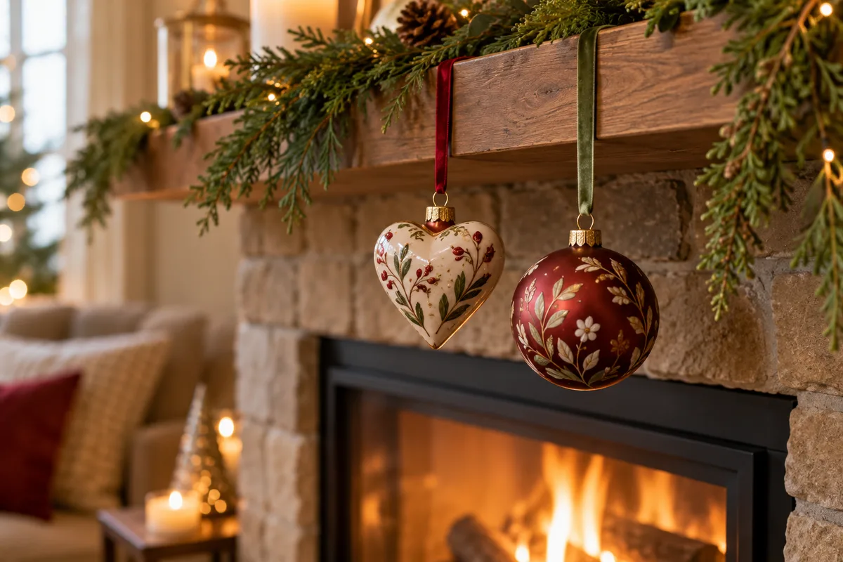 A heart-shaped ornament and a round ornament side by side on a mantel with greenery
