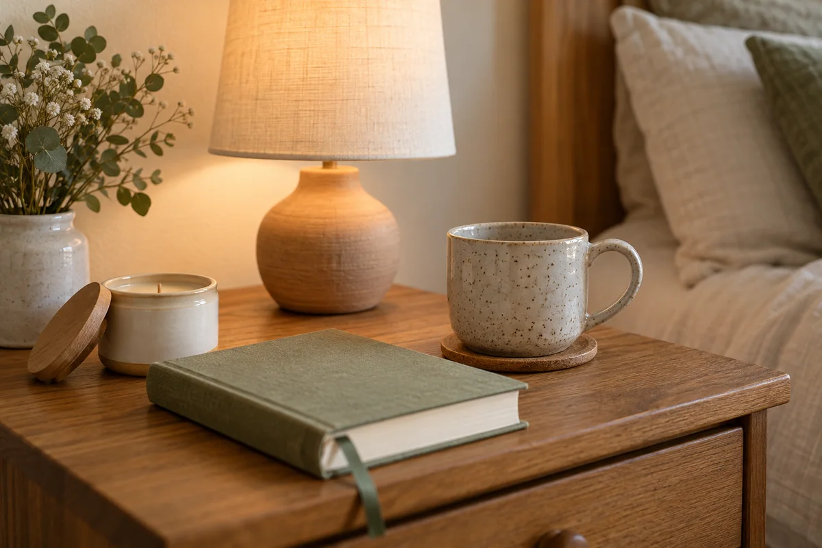 A small lidded candle and a speckled mug on a bedside table beside a closed hardback with a ribbon marker.