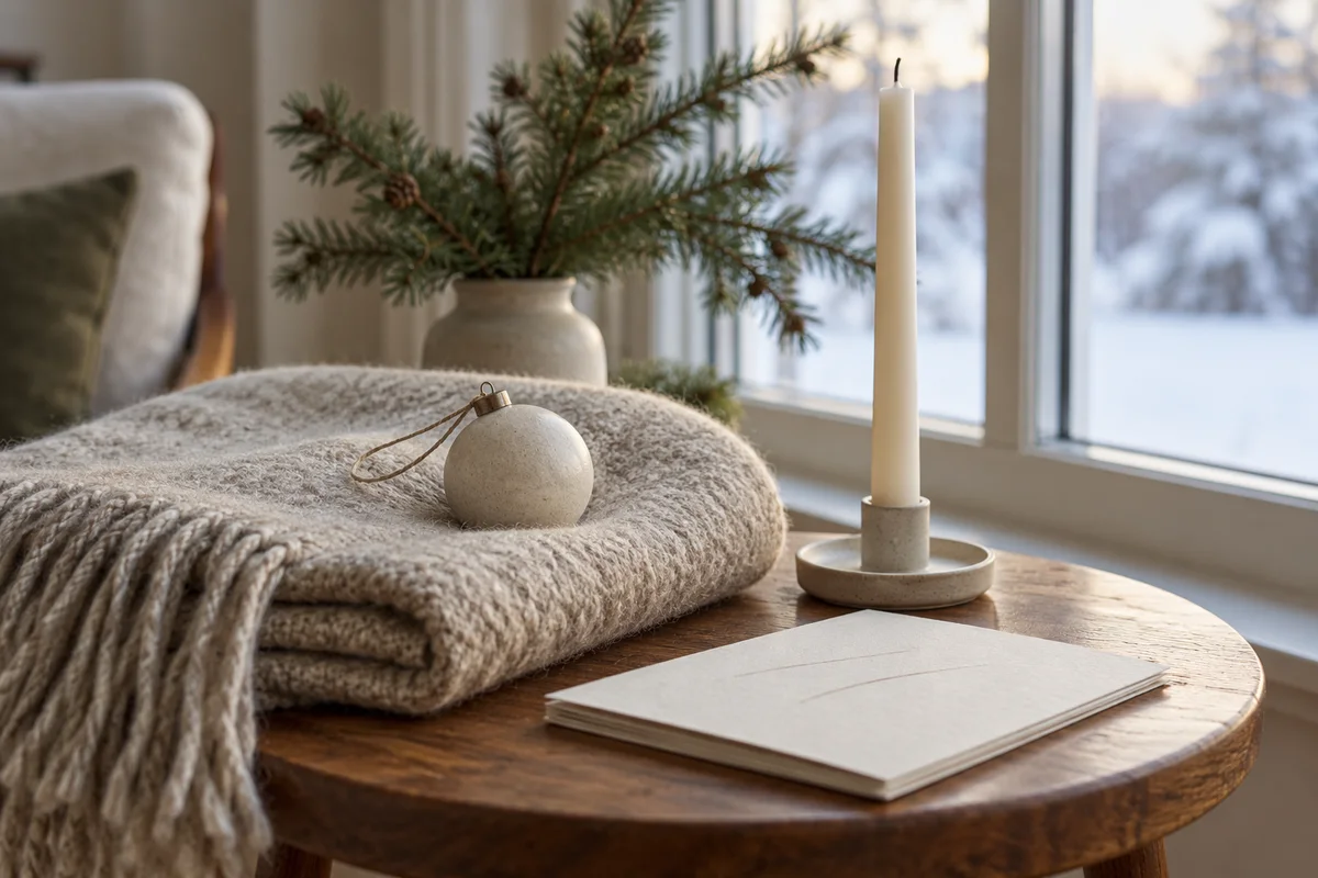 A small ornament resting on a folded blanket beside an unlit taper candle.