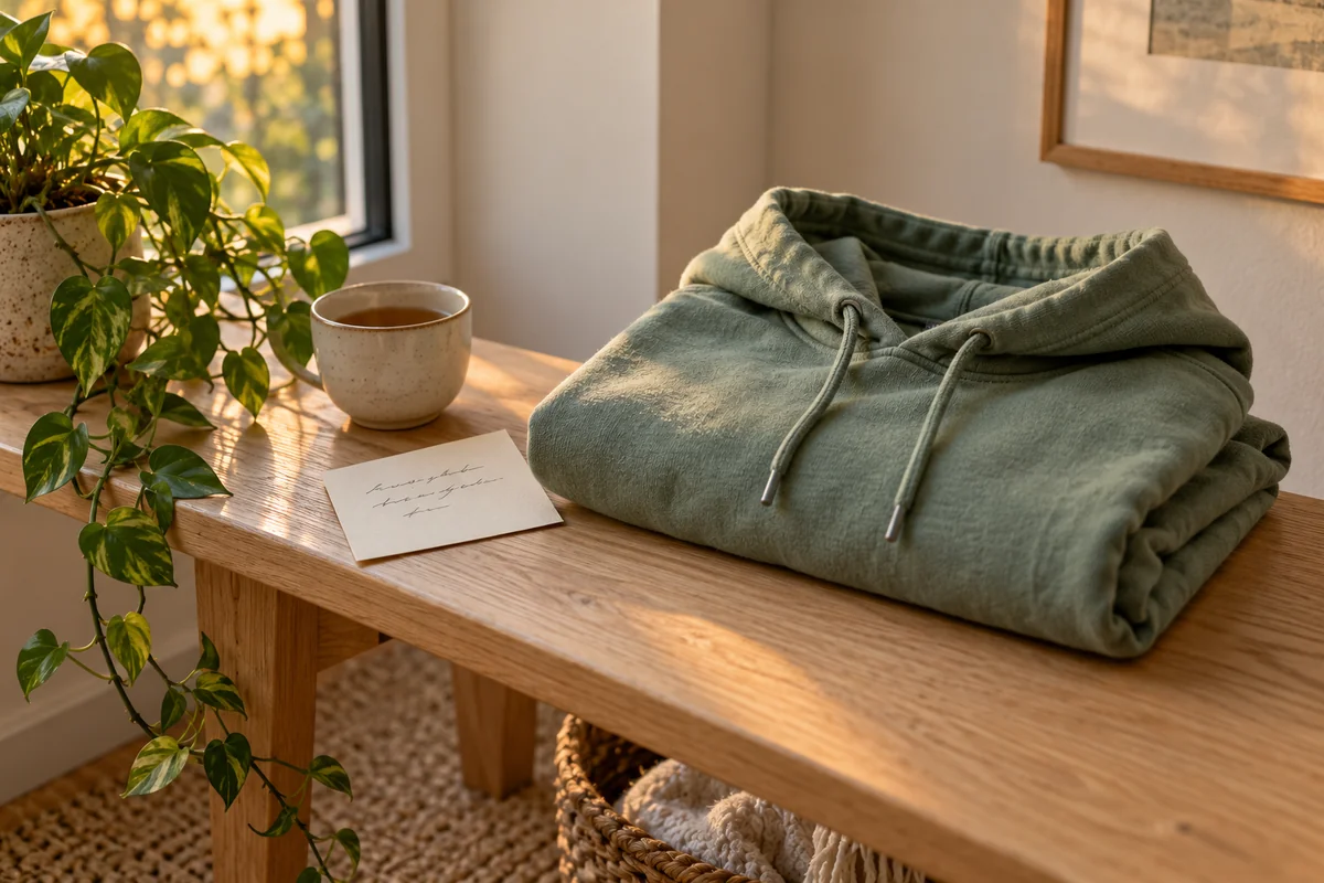 A folded hoodie and a handwritten card on a bench in soft evening light.