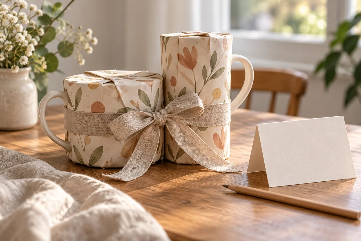 A pair of wrapped cups tied together with a ribbon beside a blank card