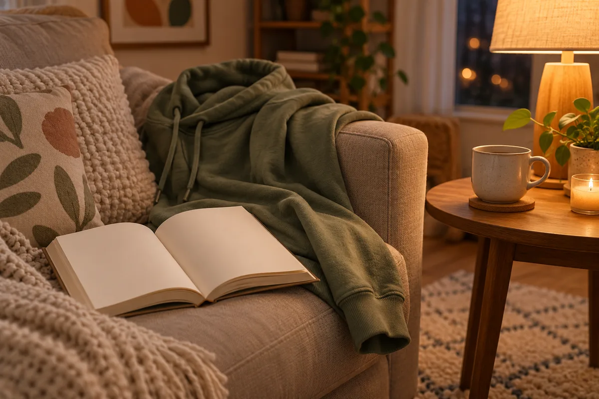A soft hoodie draped over a sofa arm next to a mug and an open book