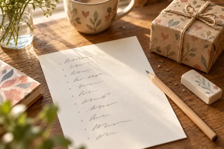 A handwritten list of names and short phrases on paper next to a pencil and a small gift box