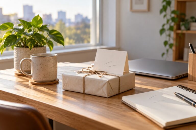 A tidy new desk with a mug, a small plant in a pot and a wrapped gift beside a closed laptop.