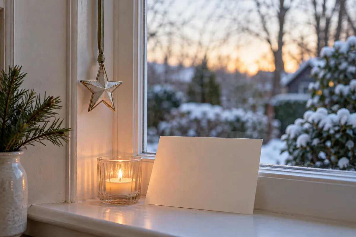 A small ornament resting on a windowsill beside a lit candle and a blank card.