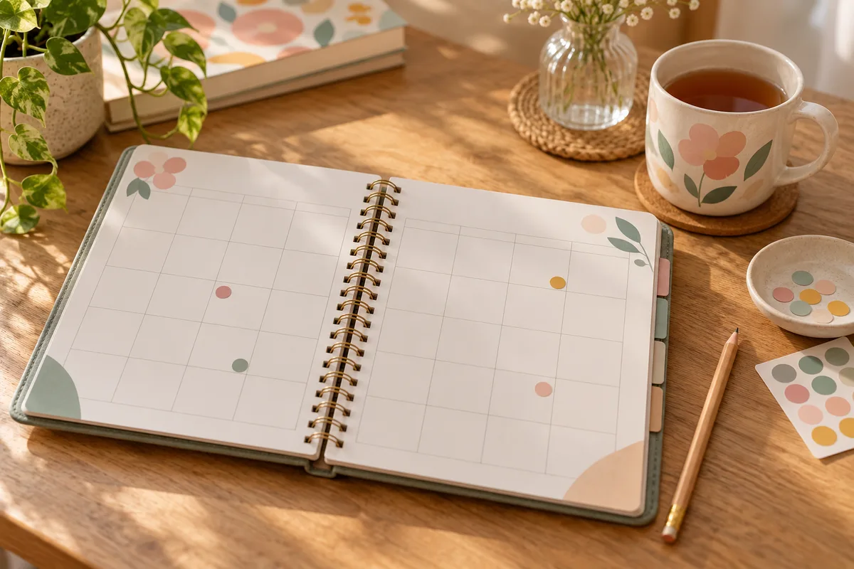A paper planner open on a table with a pencil and small stickers