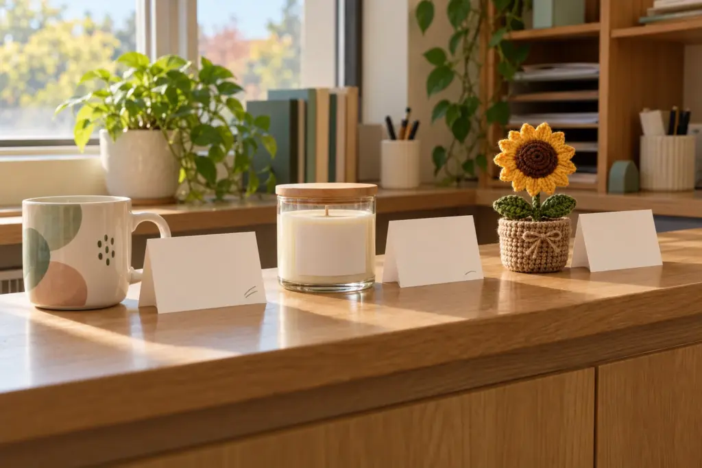 A small row of thank-you gifts on a school office counter, including a mug, a candle and a crocheted flower.