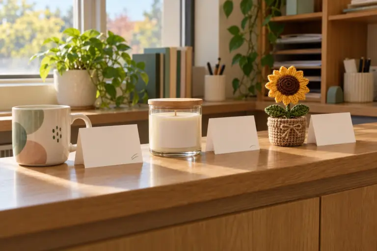 A small row of thank-you gifts on a school office counter, including a mug, a candle and a crocheted flower.