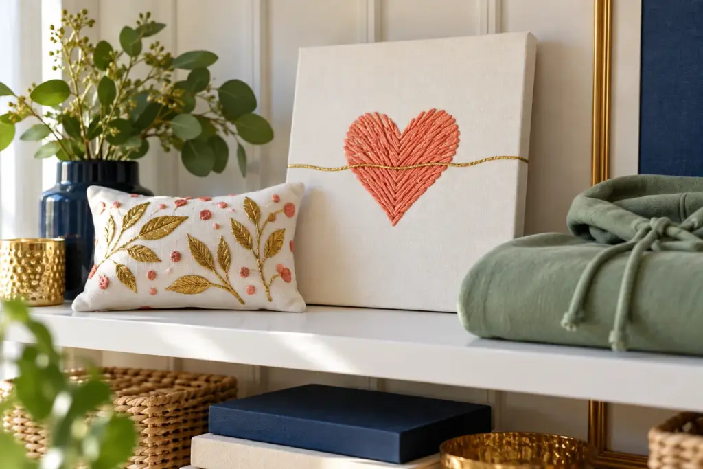 A pillow, a framed stitched-heart print and a folded hoodie on a bright shelf
