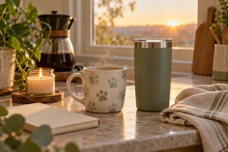 A steaming mug, a large tumbler and a candle on a kitchen counter at first light.