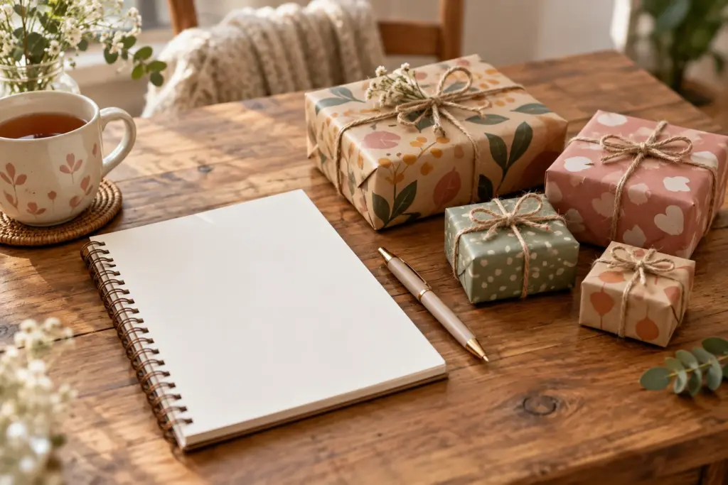 A notebook, a pen and several small wrapped gifts laid out on a table