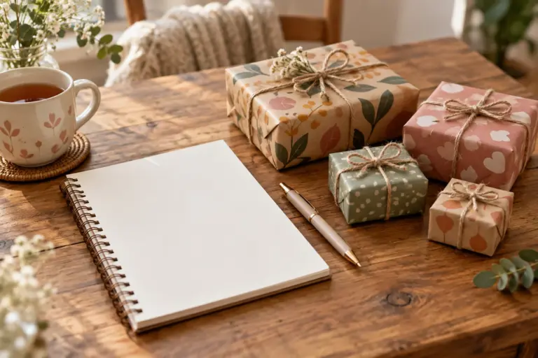 A notebook, a pen and several small wrapped gifts laid out on a table
