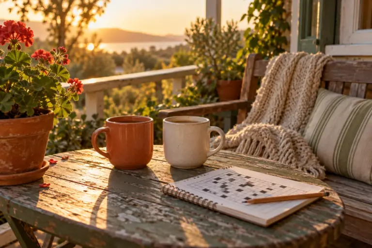 Two plain mugs side by side on a sunny porch table with a blanket on the bench behind them.