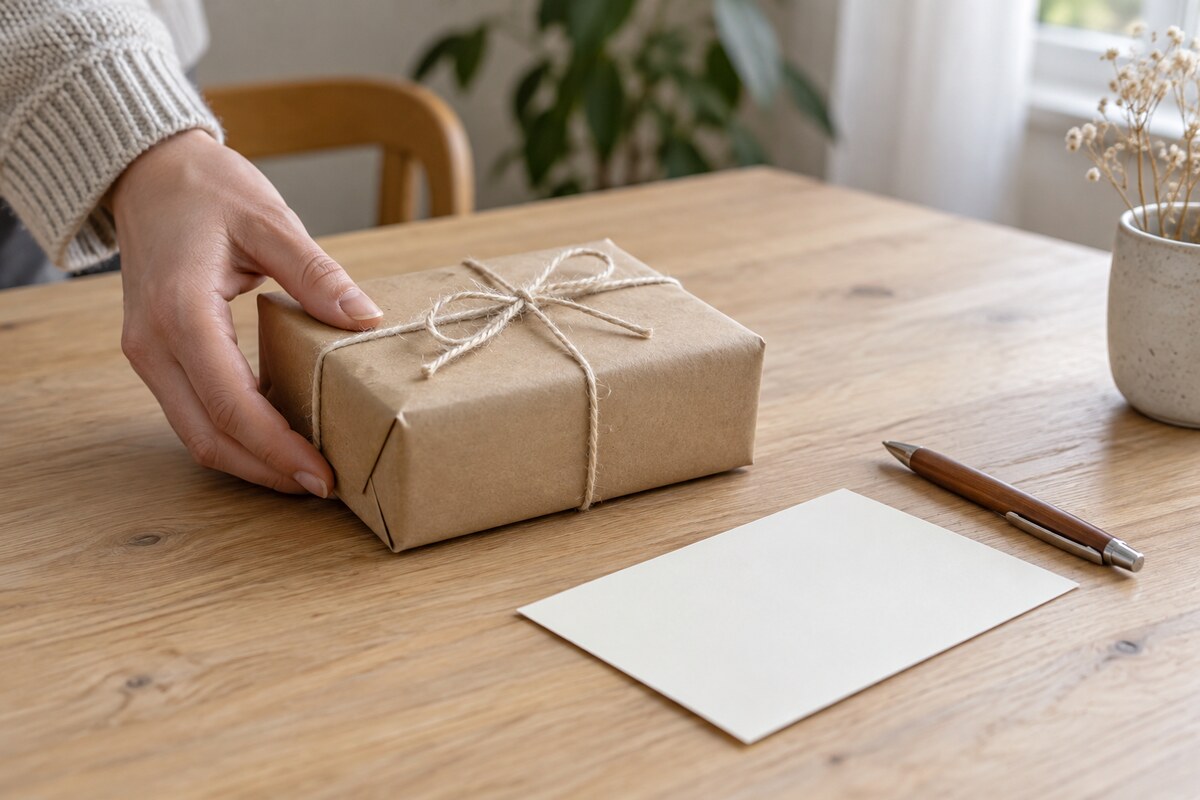 A hand placing a small wrapped parcel tied with plain string on a table