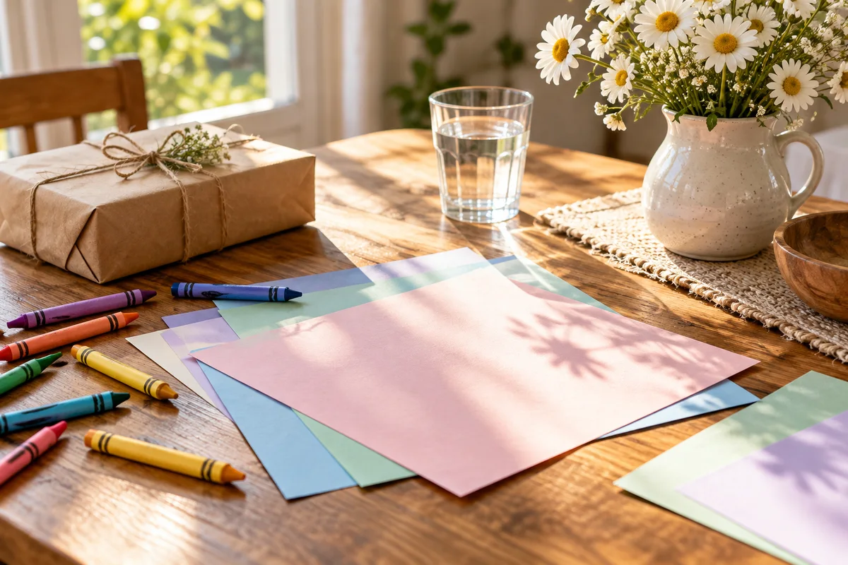 A child's crayons and construction paper spread on a table beside a wrapped parcel with twine.