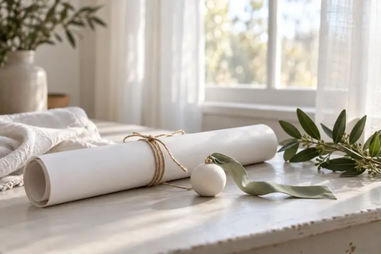 A small ornament and a rolled name poster on a pale table beside a folded white cloth and a sprig of greenery.