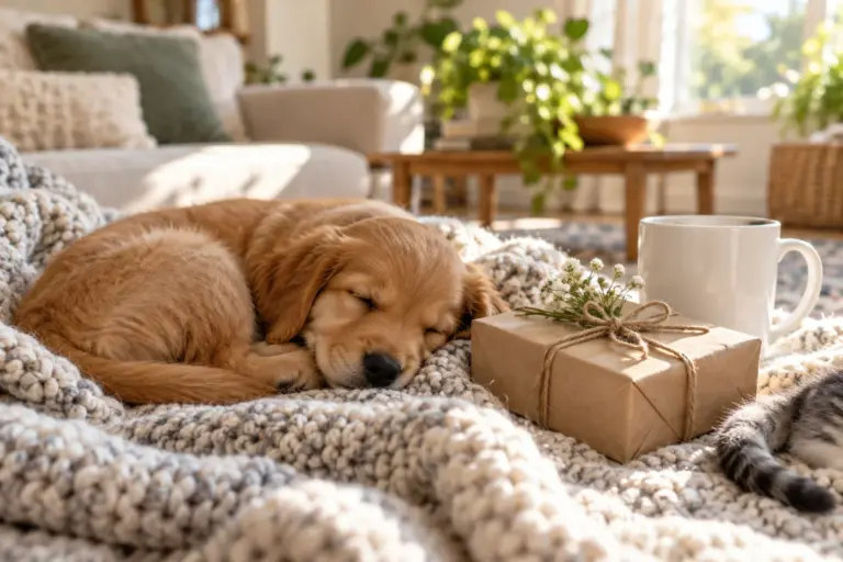 A sleeping puppy and a kitten near a wrapped gift and a mug on a cosy living room rug.