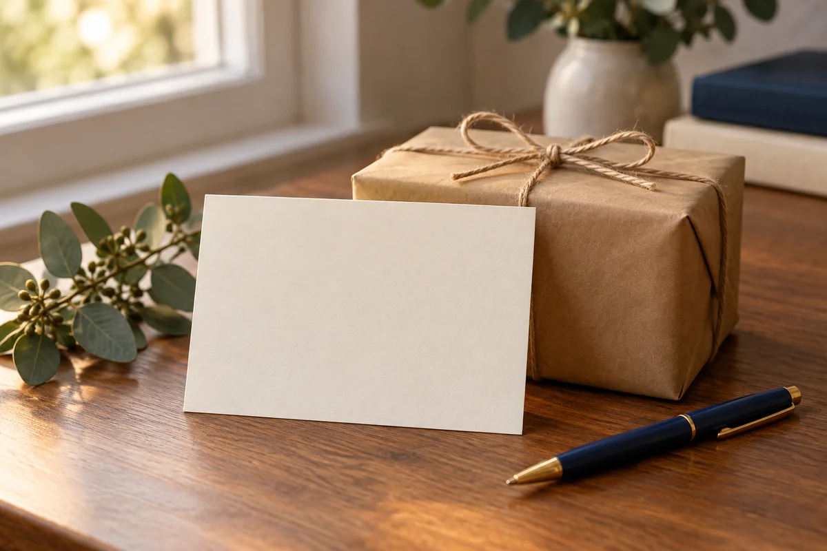 A blank card and a small wrapped parcel on a wooden desk with a pen beside them