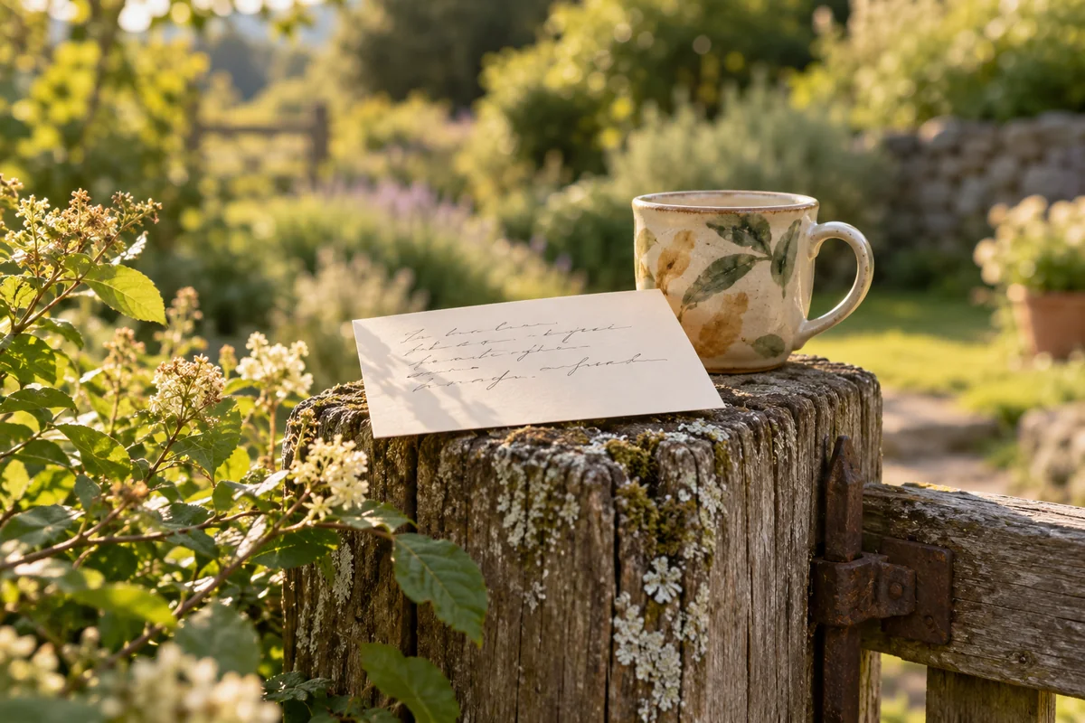 A hand-written card resting beside a mug on a fence post.