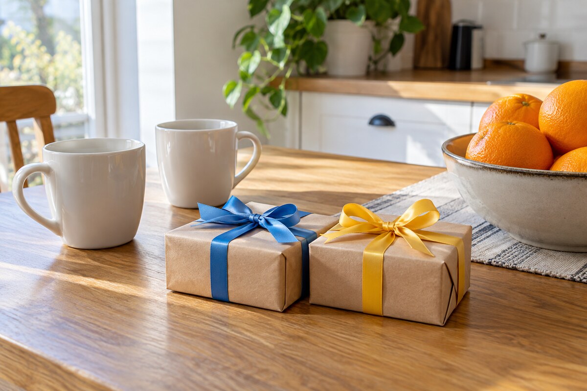 Two small gifts with different colored ribbons on a shared kitchen table