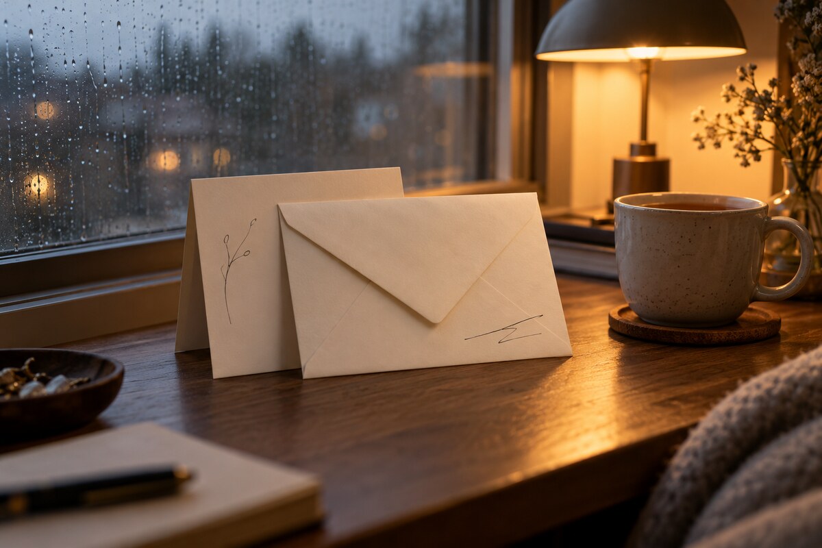 A hand-addressed envelope and a folded card on a desk beside a window with rain outside