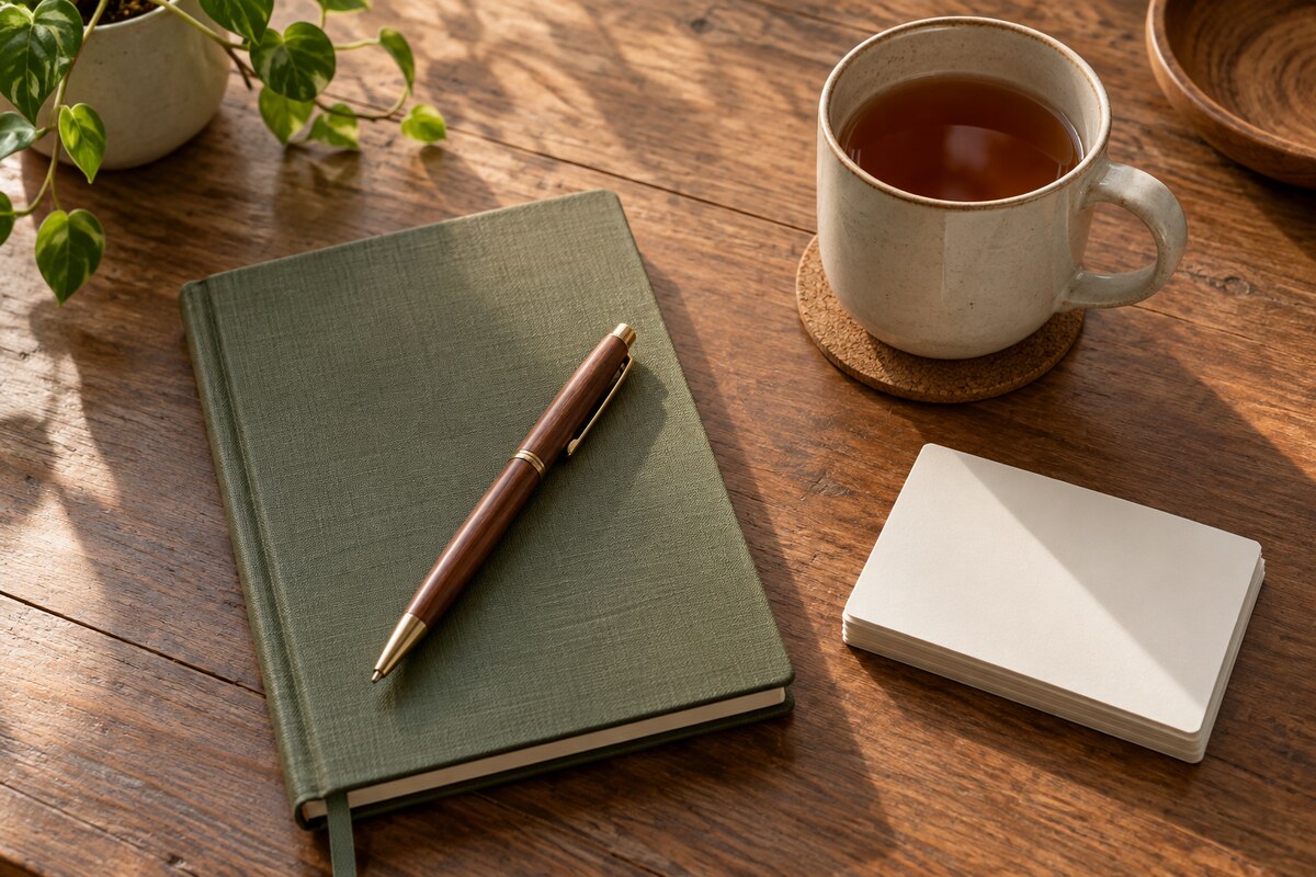 A closed notepad and a pen on a desk beside a mug of tea and a stack of cards