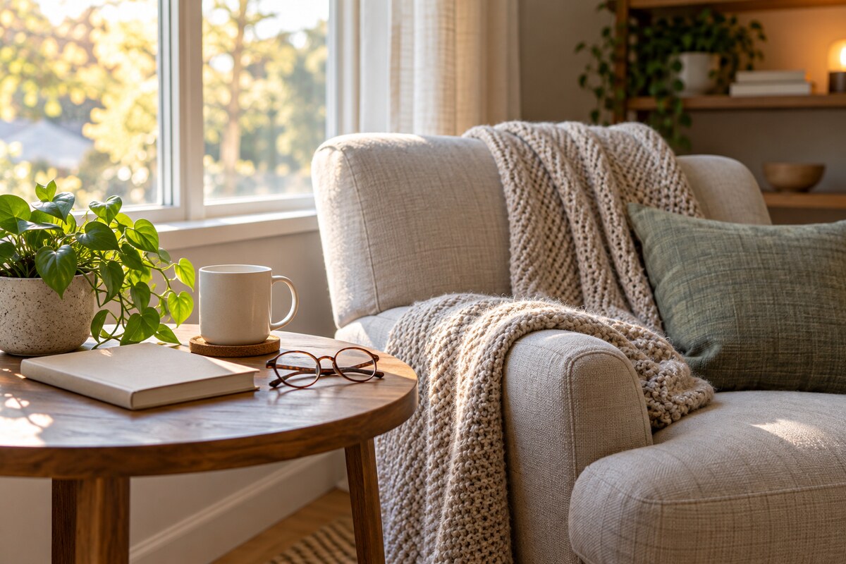 A grandparent's armchair with a folded throw, a mug and reading glasses beside a window