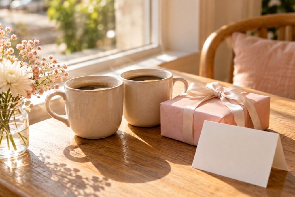 Two coffee mugs and a small wrapped gift on a sunny windowsill table with a blank card.