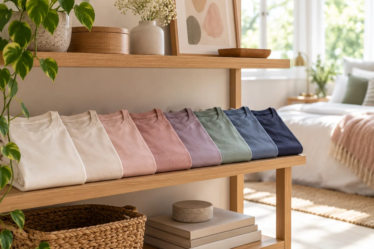 A row of folded tees in different shades on an open shelf