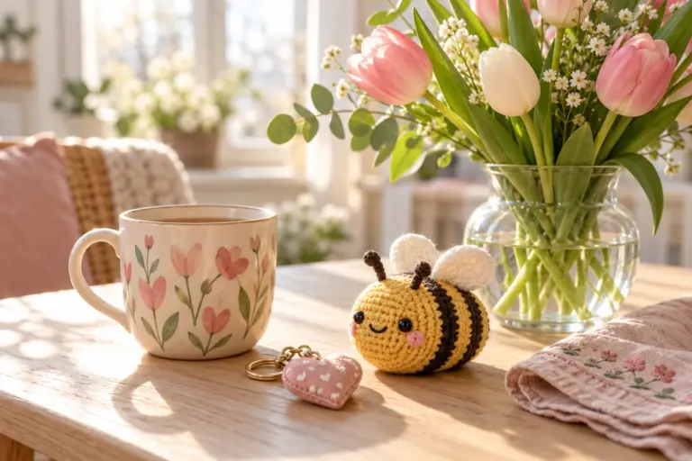 A spring table with a mug, a small keychain and a crocheted bee beside a vase of fresh flowers