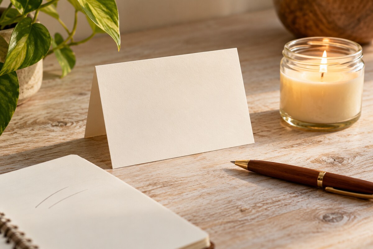 A blank folded card beside a small candle and a pen