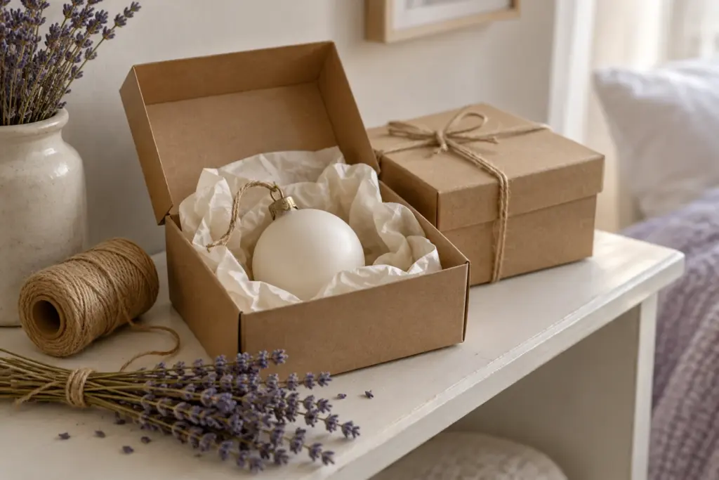 A plain ornament wrapped in tissue paper inside an open cardboard box on a bedroom shelf.