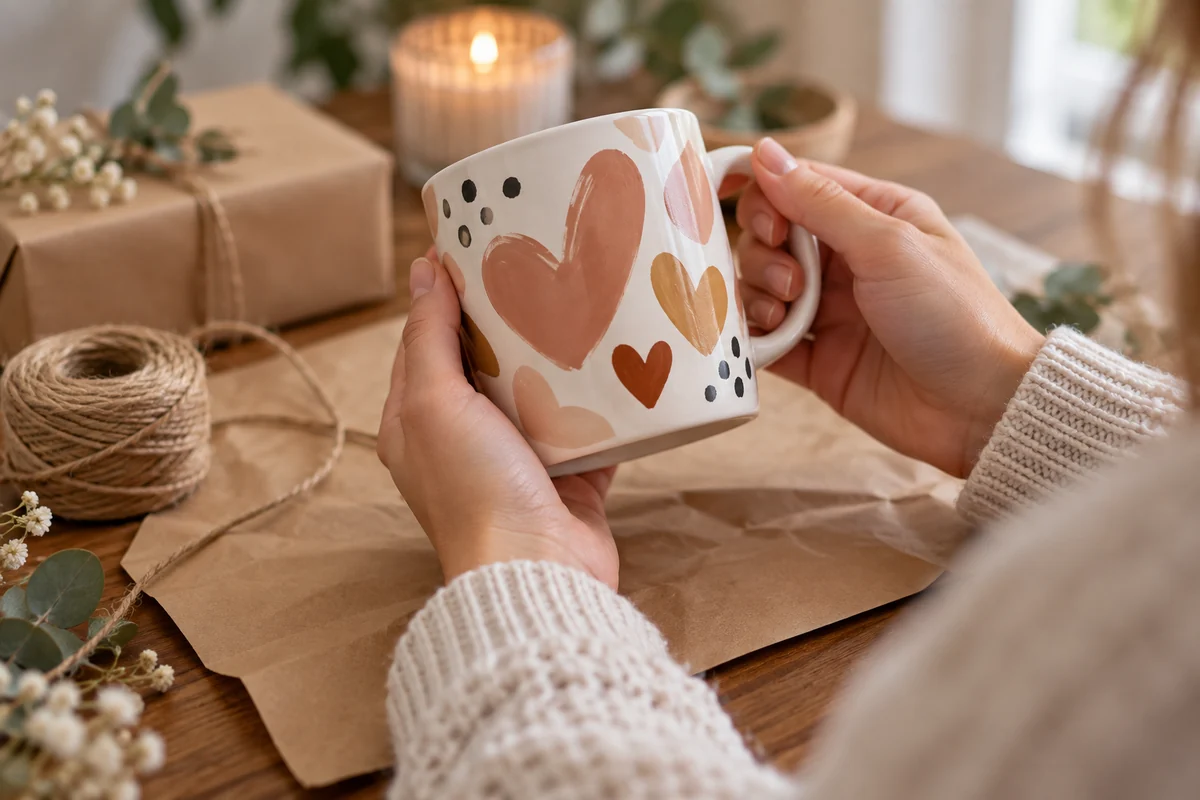 Hands turning a mug to check the design before wrapping it