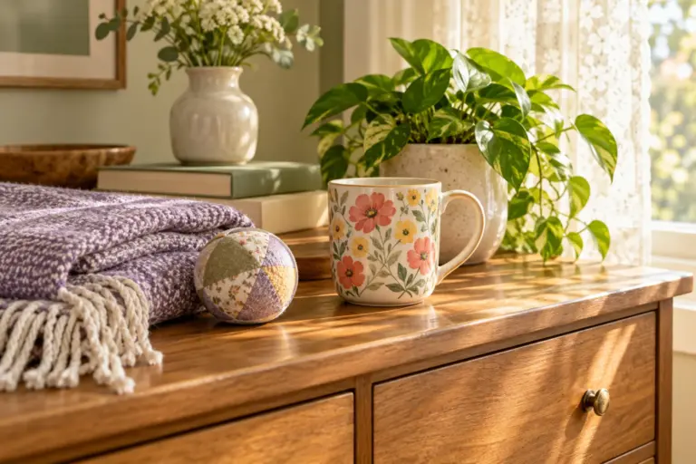 A floral mug, a folded throw and a small ornament on a sunlit sideboard beside a window.