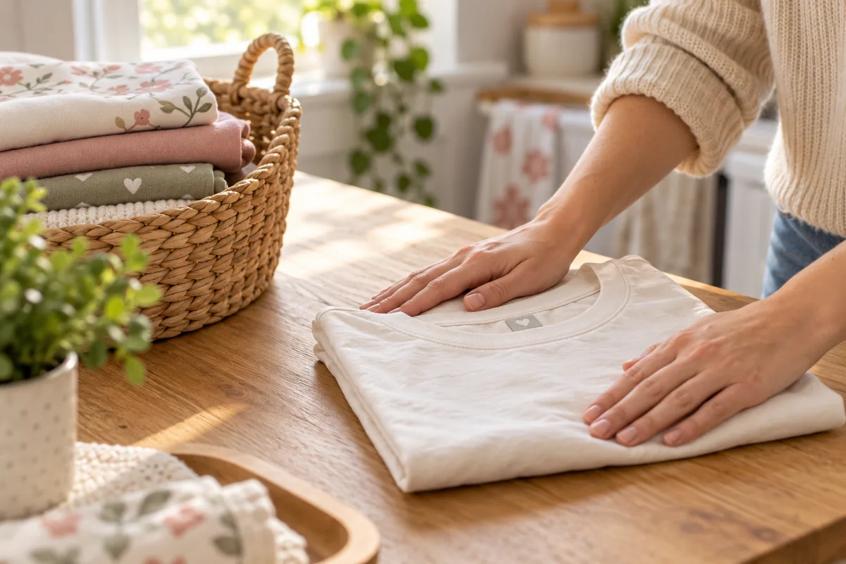 A pair of hands holding a folded tee at a laundry table with the care label out of focus
