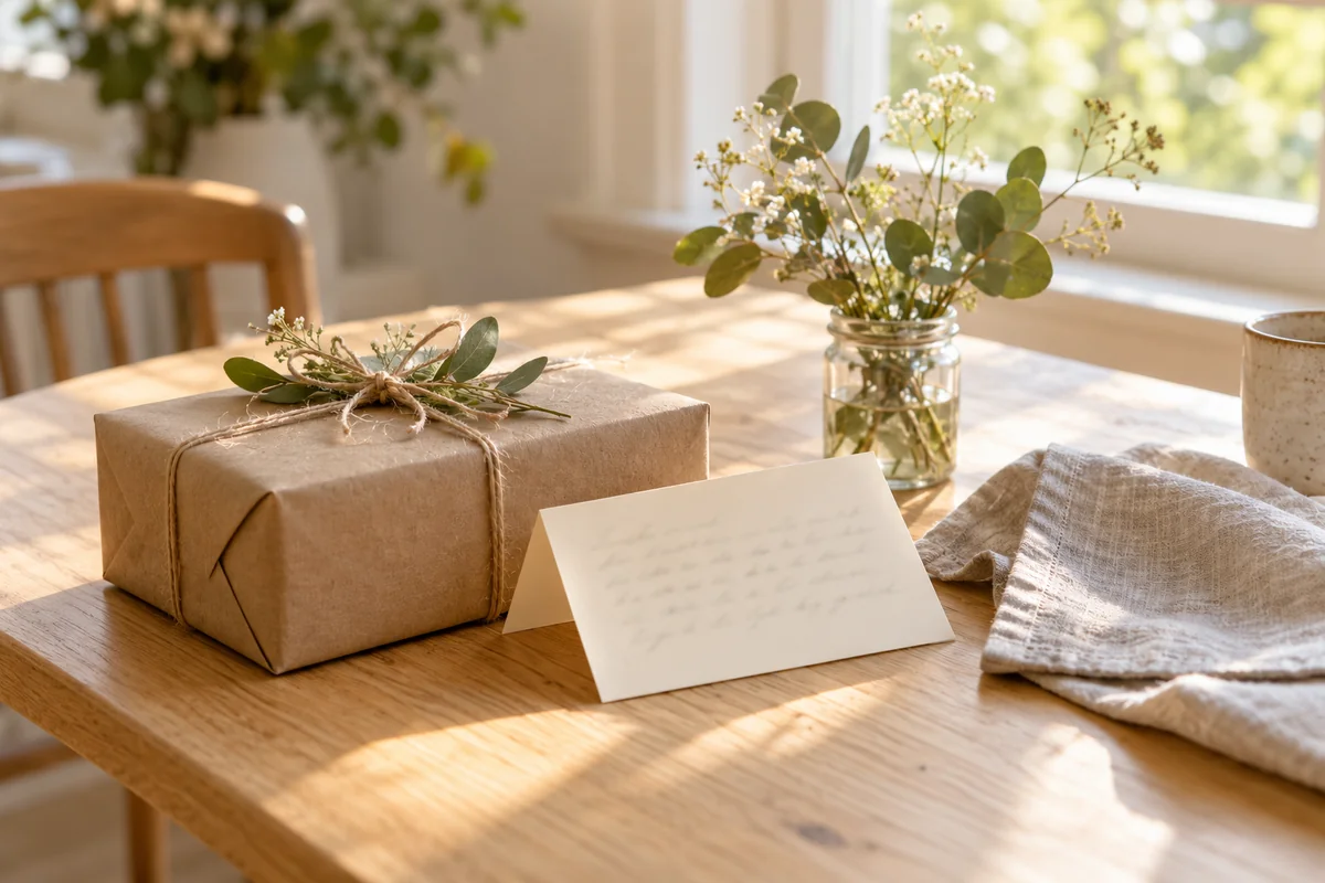 A handwritten note tucked beside a gift on a table next to a window.