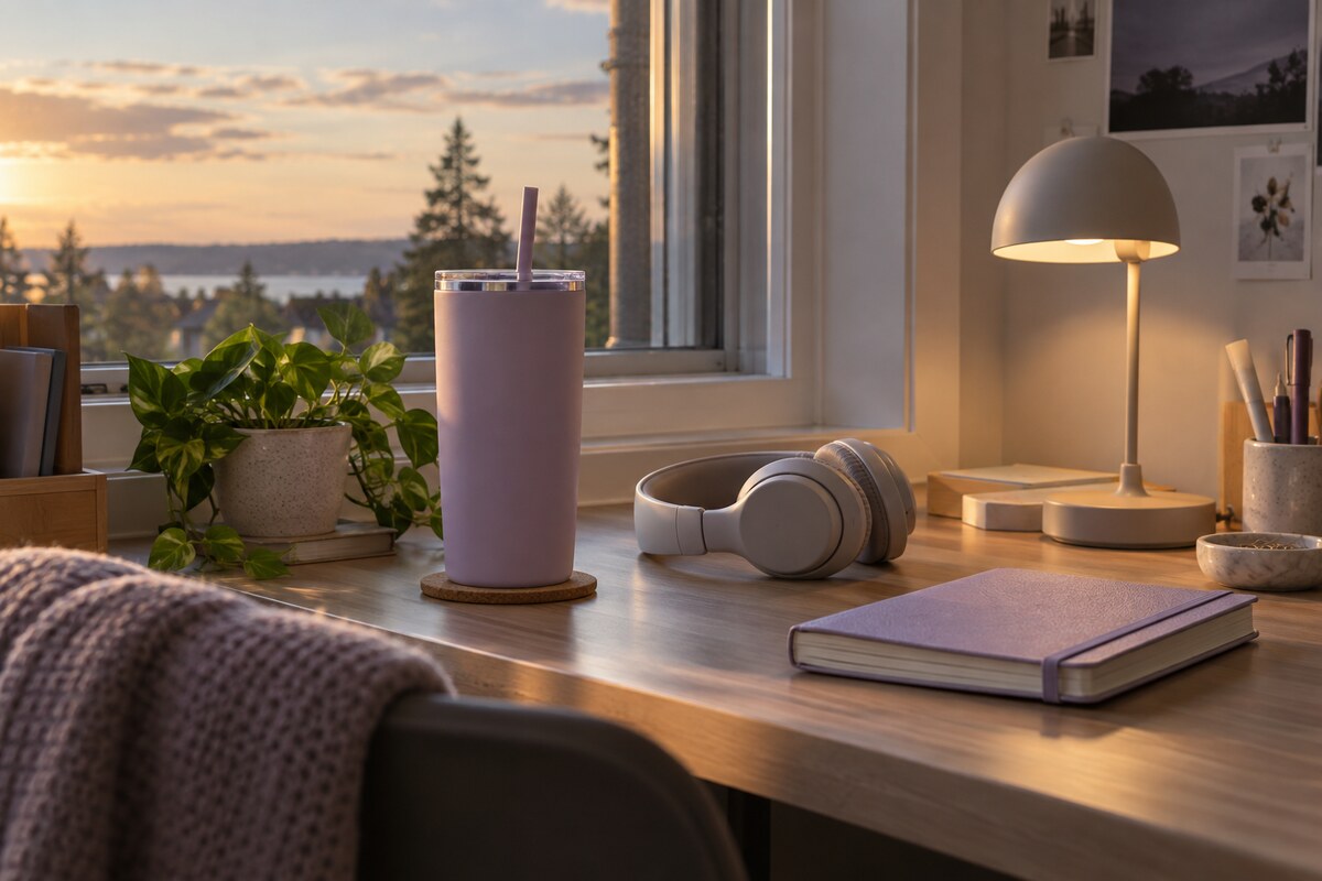 A teenager's desk with a matte tumbler, headphones and a closed notebook