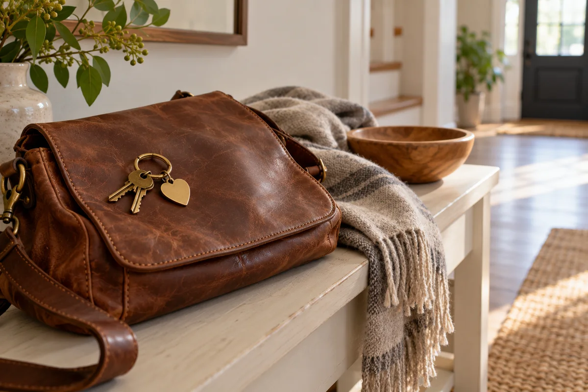 A set of keys with a small heart-shaped tag resting on a worn bag.
