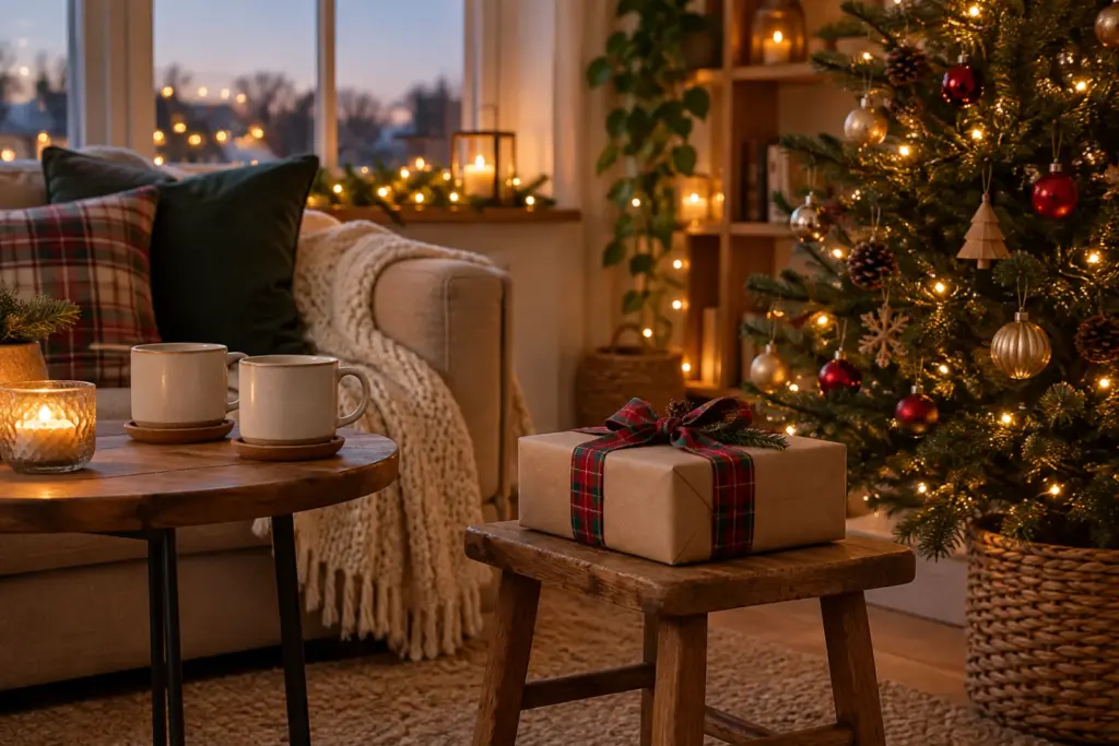 A Christmas tree corner with a wrapped gift, two mugs and warm string lights at dusk.