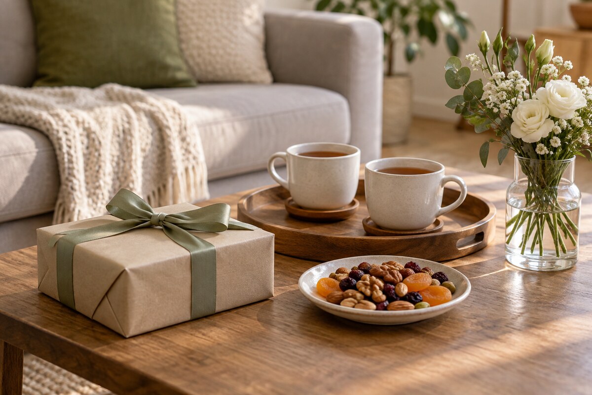 A gift box and two cups of tea on a tray on a coffee table in soft daylight