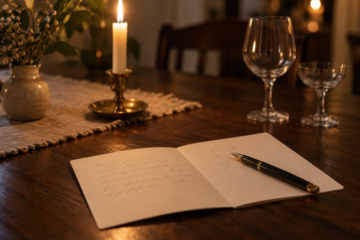 An open anniversary card, a pen and a lit taper candle on a dining table