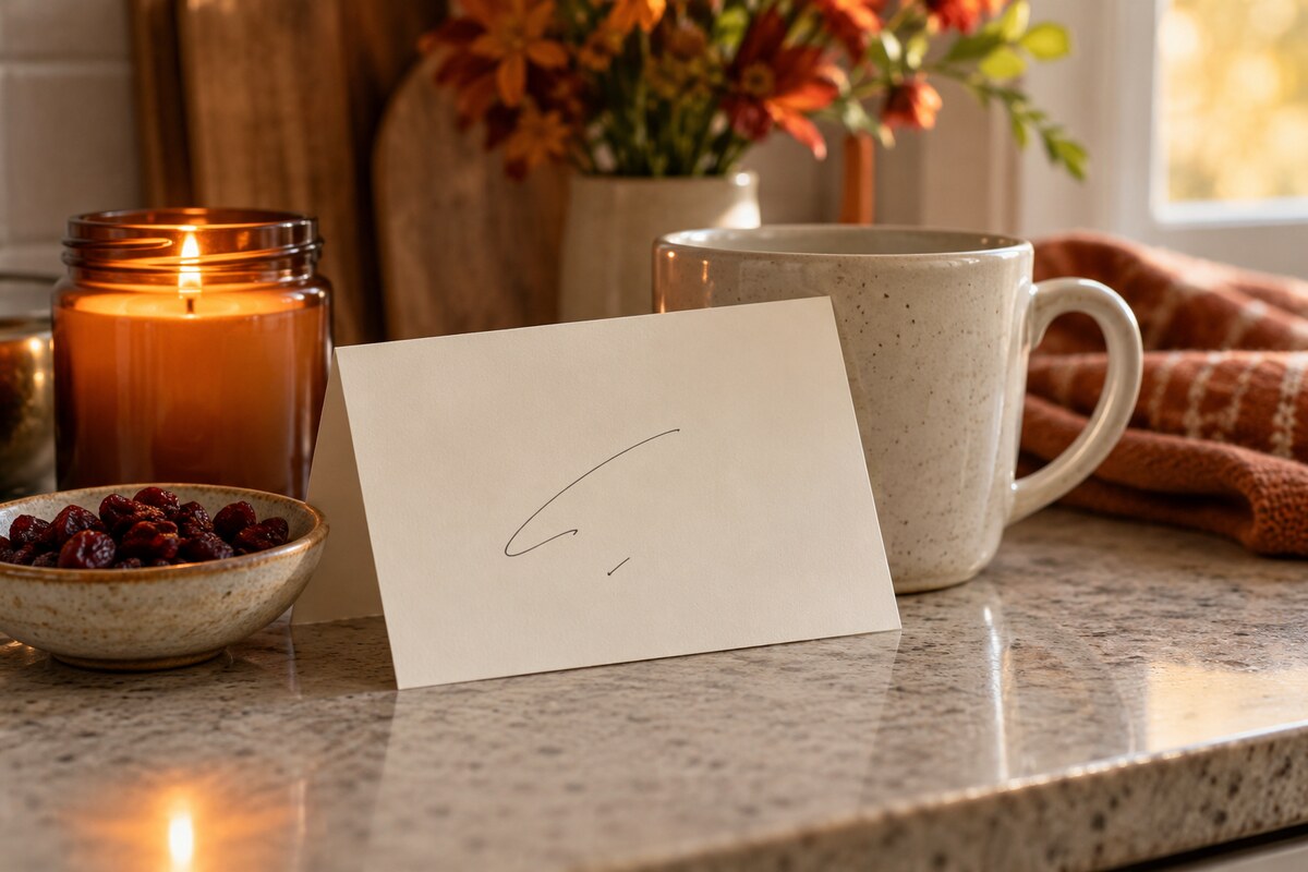 A blank folded card propped against a mug and candle on a kitchen counter