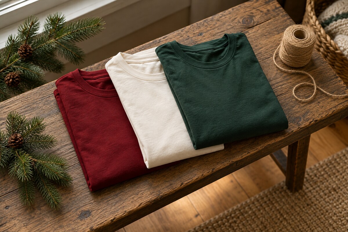 A row of folded Christmas tees in red cream and green stacked on a bench