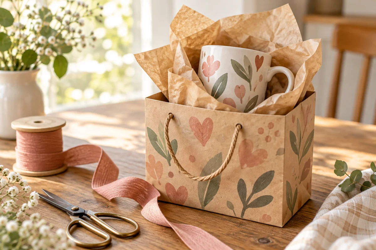 A wrapped mug in a small paper bag with tissue paper next to a ribbon spool