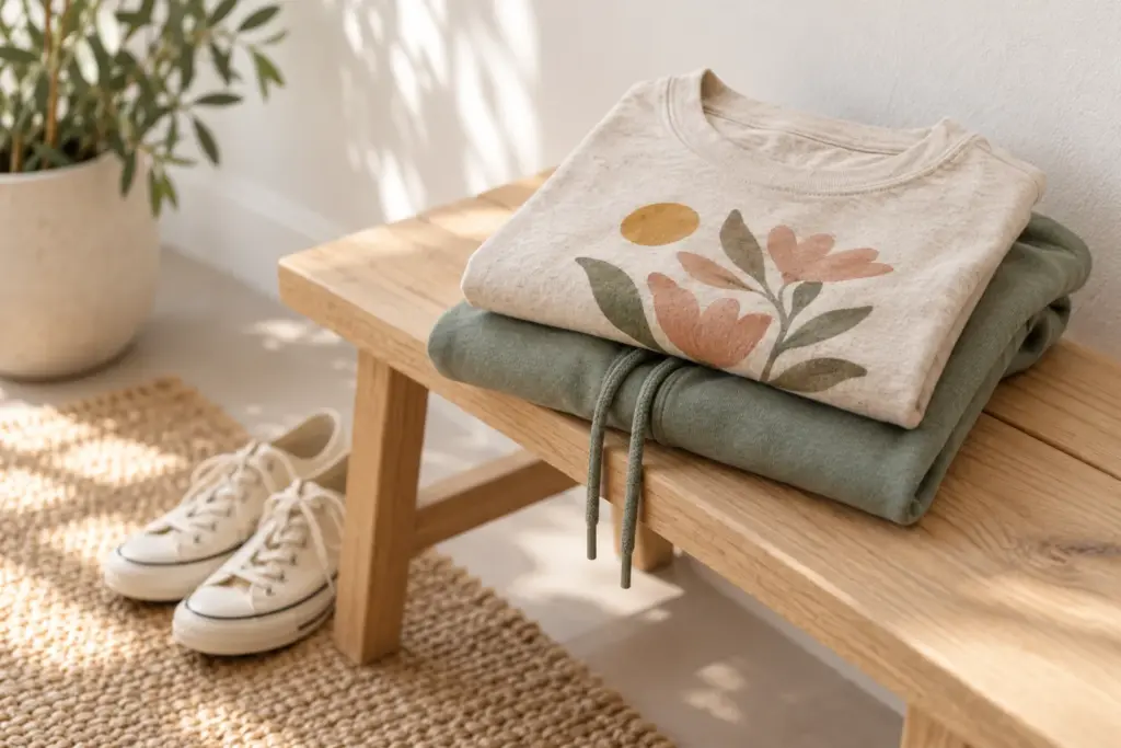 A folded tee and a folded hoodie stacked on a bench beside a pair of sneakers