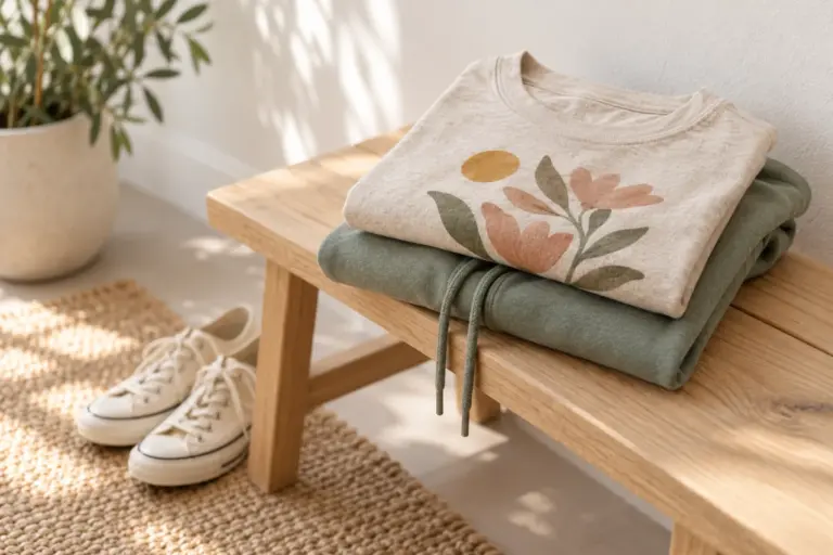 A folded tee and a folded hoodie stacked on a bench beside a pair of sneakers