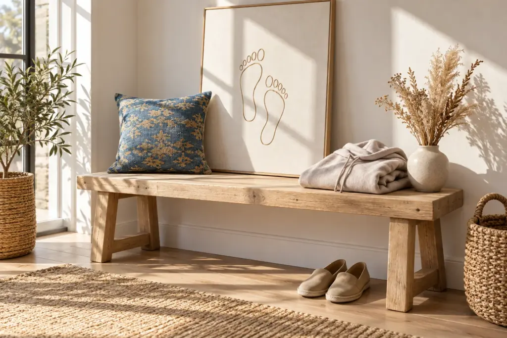A pillow, a framed footprint print and a folded hoodie arranged on a pale bench