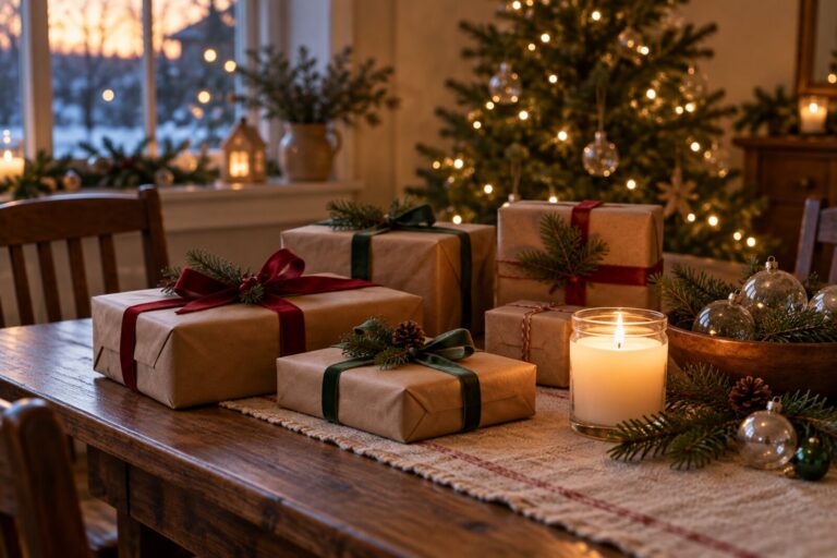 A Christmas table with wrapped gifts, a lit candle and a small tree with ornaments.