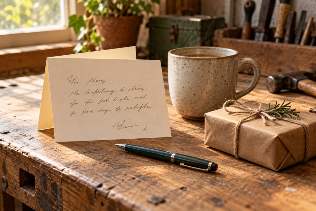 A folded Father's Day card, a pen and a mug on a workbench in morning light.