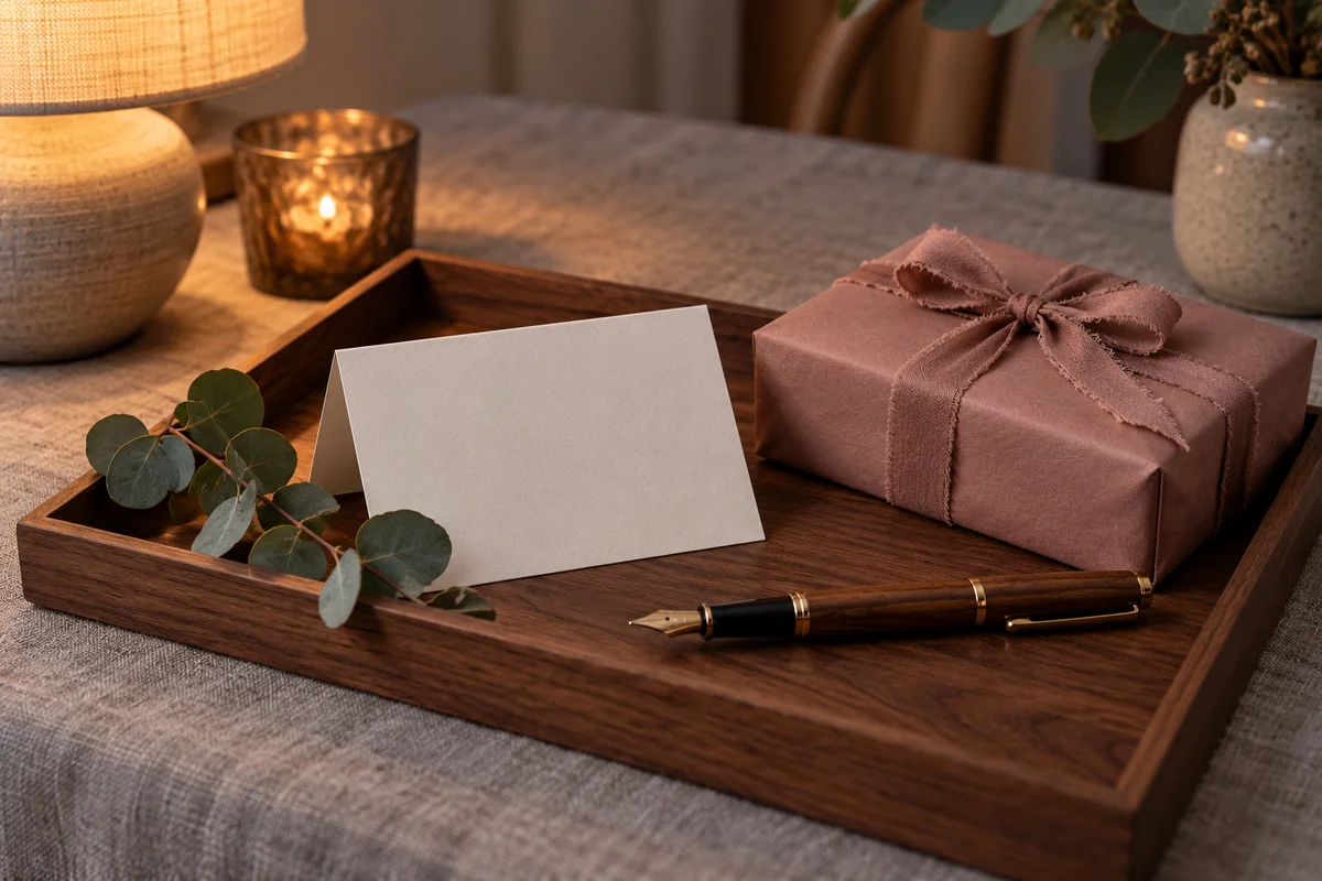 A folded blank card and a pen on a tray next to a small wrapped gift.
